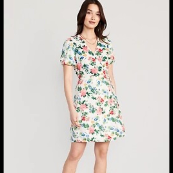 NWT Puff Sleeve Linen/Cotton Floral Cottegcore Mini Wrap Dress - Picture 2 of 5